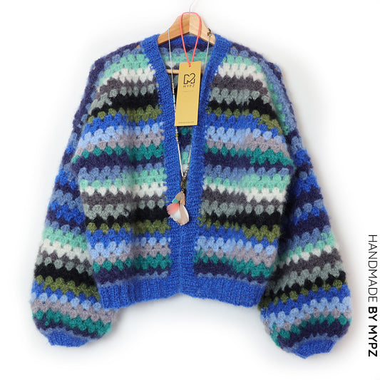 Crochet kit - MYPZ Short Mohair Granny stripes cardigan Jeans (ENG-NL)