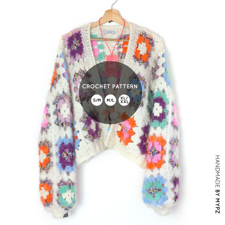 Häkelanleitun - MYPZ Granny square bomber cardigan Off White (ENG-NL-DE-ES)