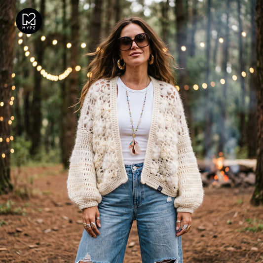 Crochet kit - MYPZ Short bomber cardigan Wildflower Off White (ENG-DE-NL-ES-FR-IT-DA-SV-NO)